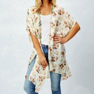 Lovestitch Floral Open Front Short Sleeve Bead Floral Multicolor Boho Sweater